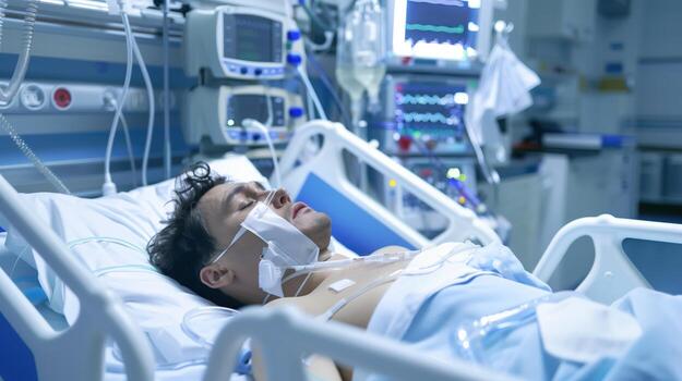 unconscious patient in hospital emergency room critical condition with vital monitors and medical equipment photo